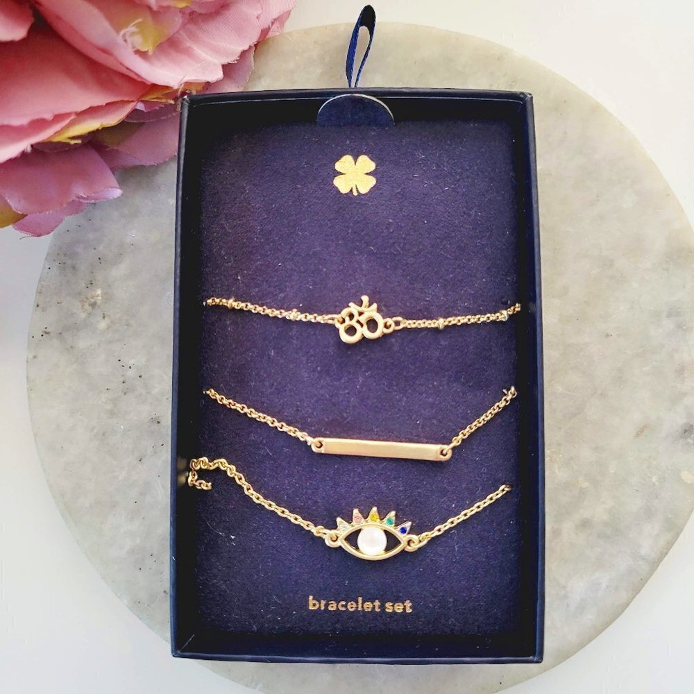 NWT Lucky Brand Evil Eye Spiritual Boho Trio Of Gold Tone Chain Bracelets